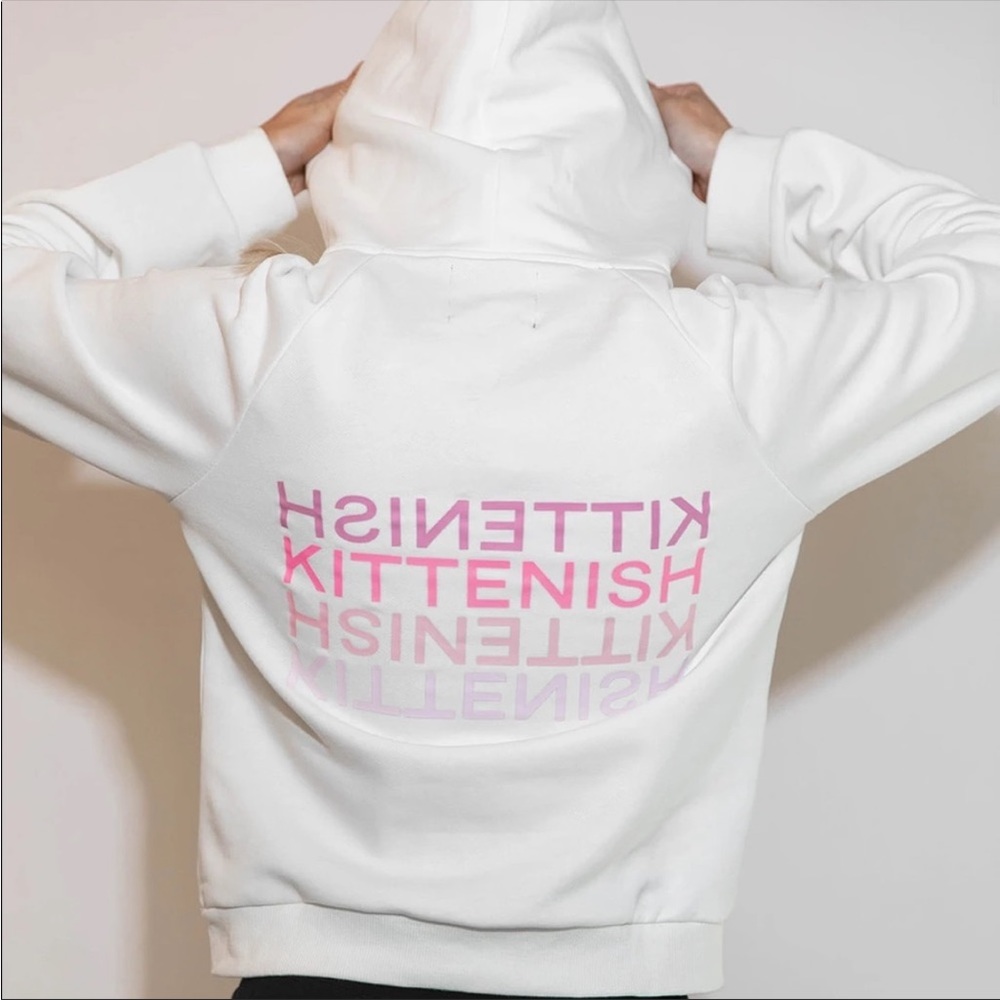 Kittenish white hoodie with pink lettering